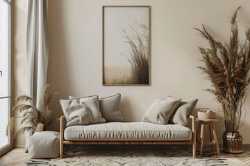 A mockup poster frame 3d render in a sleek console table, above a cozy loveseat, den, Scandinavian style interior design, hyperrealistic