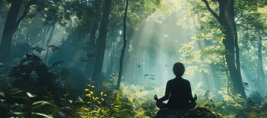 A serene image of someone meditating during a work break in a lush forest clearing, their portable workspace blending seamlessly with nature. - Powered by Adobe