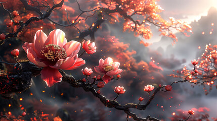 A vibrant digital artwork of a flowering tree branch with pink blossoms against a misty, sunlit background.