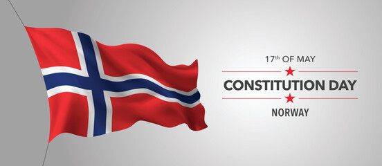 Norway happy constitution day greeting card, banner with template text vector illustration. Norwegian memorial holiday 17th of May design element with 3D flag with cross