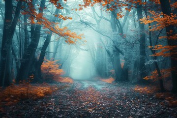 Beautiful mystical forest in blue fog in autumn. Colorful landscape with enchanted trees with orange and red leaves. Scenery with path in dreamy foggy forest. Fall colors in october. generative ai.