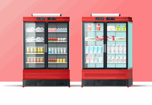 two red refrigerators filled with drinks and drinks