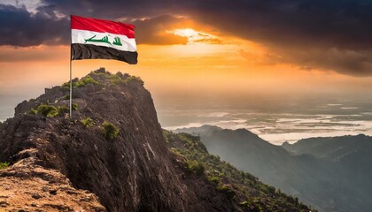 The Flag of Iraq On The Mountain. - obrazy, fototapety, plakaty