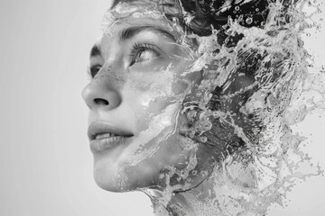 Portrait of a woman with water splashing on her face in black and white vintage style photography
