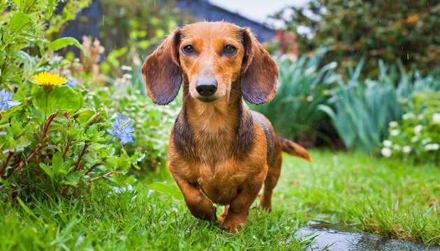 Numa tarde chuvosa, um Dachshund corajoso explora o jardim com sua determina&ccedil;&atilde;o caracter&iacute;stica, sua postura orgulhosa e suas orelhas ca&iacute;das mostrando sua personalidade ousada. 