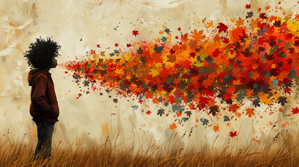 A person with curly hair stands in a field, facing a vibrant explosion of autumn leaves in abstract style.