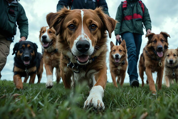 Group of rescue dogs with their handlers arriving for a search and rescue mission. Sniffer dogs brought in to sniff and detect survivors during a disaster. Rescuers with canine (K9) unit on the field. - obrazy, fototapety, plakaty