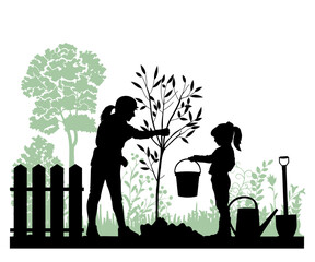 Children, men and women silhouettes on white background. Family working in the garden. Vector illustration.   © Евгений Горячев