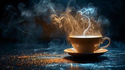 Focus on the swirling patterns of steam rising from a cup of hot coffee, curling and twisting in the air before dissipating into the surrounding space.