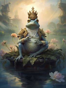Frogs in regal attire with waterlily crowns, on a misty pond, twilight enchantment ,  illustration