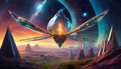 A glass firefly fluttering around a foreign planet landscape overlooking the galaxy through a perspective of geodesic philosophy
 - obrazy, fototapety, plakaty