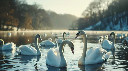 Poster Flock of swans on the lake © Natia
