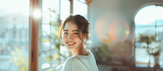 明るく美しいボケの、朝の陽ざしが入る窓辺で優しく笑う20代のアジア人女性