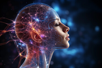 The profile of a woman's head with neural connections in her brain, the power of thought, the law of attraction, energy emission, vibrations on a dark background. The subconscious mind - obrazy, fototapety, plakaty