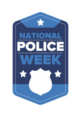 National Police Week in May. Celebrated annual in United States. In honor of the police hero. Police badge and patriotic elements. Officers Memorial Day. Poster, card, banner. Vector illustration