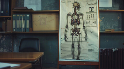 A close-up of a whiteboard in an empty classroom, displaying a diagram of the human anatomy.