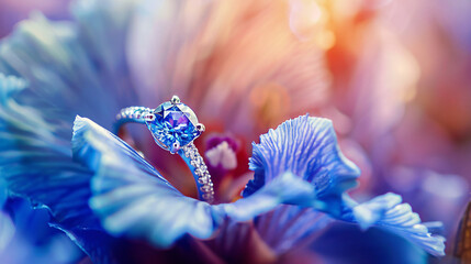 Flower background featuring white gold ring with diamond ring