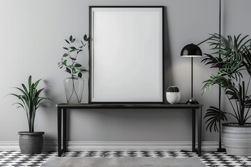 A mockup poster frame 3d render in a minimalist console table, next to a geometric rug, with a minimalist lamp for lighting, in black and white accents, hyperrealistic