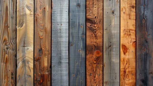 An intriguing picture displaying uniformly positioned weathered pine boards exhibiting a variety of wood tones affected by natural elements like rain sunlight and wind