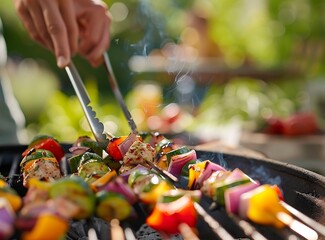 A person using tongs to place colorful vegetable shish kebabs on the grill of an outdoor gas...