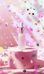 A cosmetic serum bottle on a pedestal with a festive confetti background - obrazy, fototapety, plakaty