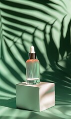 A serum bottle with a dropper on a pedestal, casting a shadow with tropical leaf patterns - obrazy, fototapety, plakaty