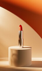A single red lipstick is showcased on a cylindrical pedestal against an abstract beige and orange background - obrazy, fototapety, plakaty