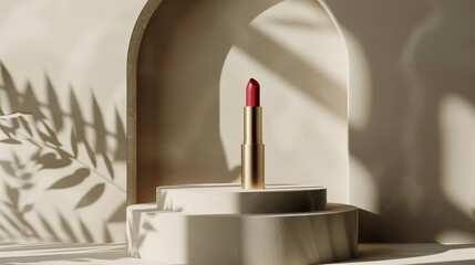 A lipstick on a display stand with artistic shadows - obrazy, fototapety, plakaty