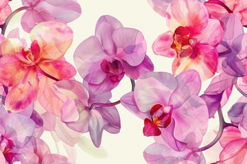 Seamless Pink Orchids on White Background Watercolor Illustration Pattern for Design and Decorations
