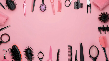 Frame made of professional hair dresser tools on pink