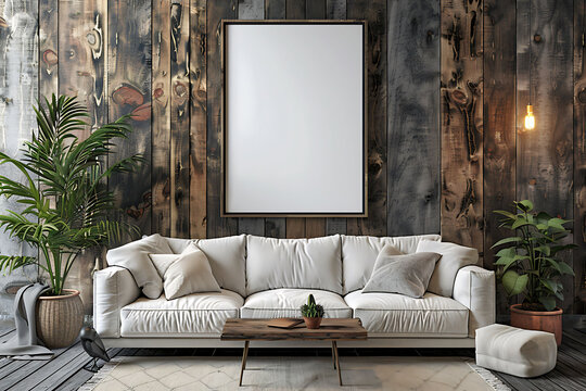 A Mockup Poster Frame 3d Render In A Rustic Wardrobe, Above A Stylish Sofa, Family Room, Scandinavian Style Interior Design, Hyperrealistic