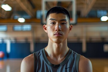 Portrait of a young asian man in indoor basketball court