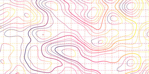 The stylized height of the topographic map contour in lines and contours. The concept of a conditional geography scheme and the terrain path. Colorful  line on a white background. Vector illustration.