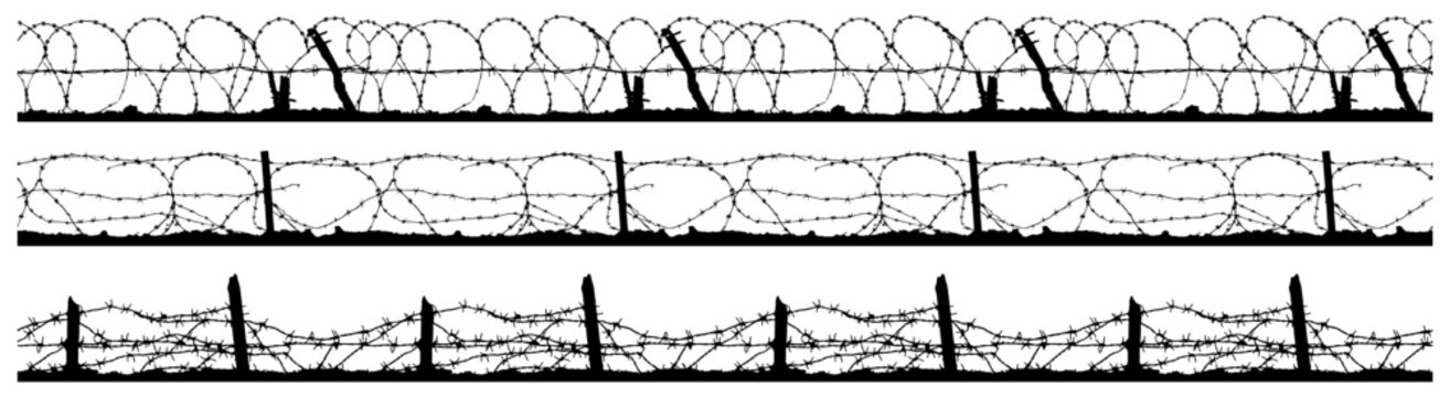 Silhouette of barbed wire and wooden stake on the ground. trench war elements vector background.