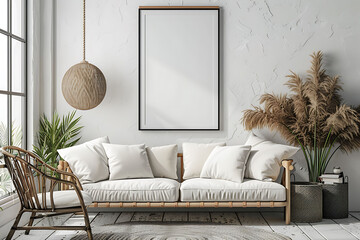 A mockup poster frame 3d render in a vintage desk, above a stylish sofa, lounge, Scandinavian style interior design, hyperrealistic