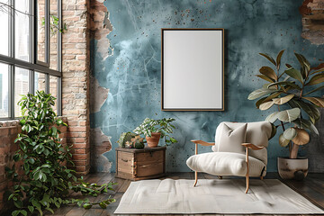 A mockup poster frame 3d render in a salvaged trunk, above a comfortable armchair, meditation room, Scandinavian style interior design, hyperrealistic