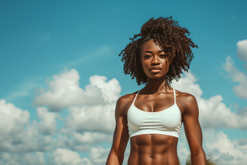 Portrait of a black, African American female fitness model with well-defined abs muscles, sky in the background - 786366085
