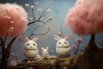 Enchanted playmates in a landscape of felted trees and cotton clouds, with a backdrop of sprinkled stardust ,  high resolution - obrazy, fototapety, plakaty