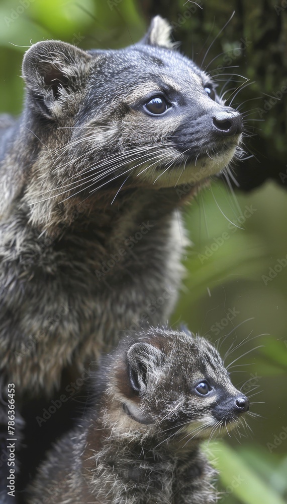 Poster andean mountain cat and kitten portrait with space for text, object on right side
