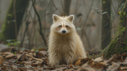 Close up portrait of an albino raccoon sitting in the forest among tree branches - 786366611