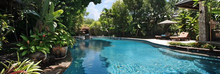 Backyard Oasis With Swimming Pool and Lush Greenery