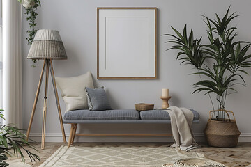 A mockup poster frame 3d render in a velvet cushion bench, next to a geometric rug, with a minimalist lamp for lighting, in light and airy pastels, hyperrealistic