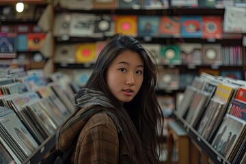 Portrait of a young woman in a record store