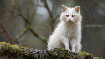 Naklejka na ściany i meble Close up portrait of an albino raccoon sitting in the forest among tree branches