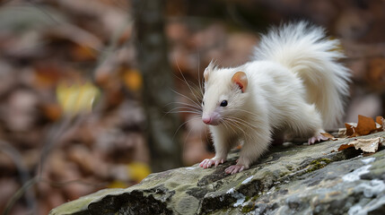 Close up portrait of an albino squirrel sitting on a sheared tree in the forest - 786367049