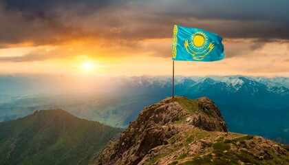 The Flag of Kazakhstan On The Mountain. - obrazy, fototapety, plakaty