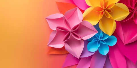 A paper art background flower, copy space in the middle, vibrant color palette for banner