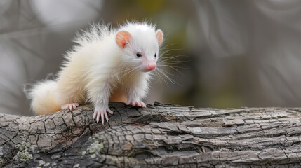 Close up portrait of an albino ferret sitting on a sheared tree in the forest - 786367468