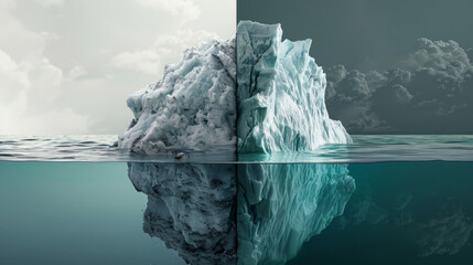 The two contrasting faces of an iceberg, with its submerged part beneath the water and the visible part above it. - obrazy, fototapety, plakaty