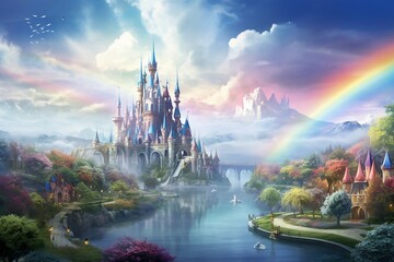 Enchanted maritime village, under a soft rainbow mist ,   illustration